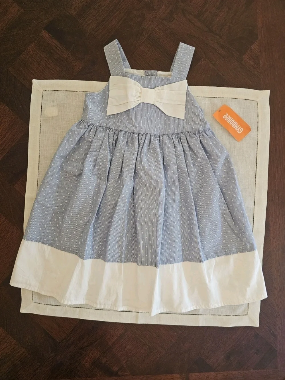 Gymboree Girls Sleeveless Blue White Striped Polka Dot Dress Bow Spring Sz 3T